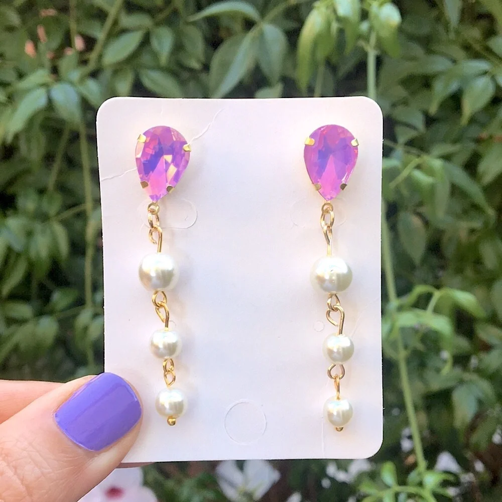 Pink-Purple Opal AB + Pearl Gold Crystal Drop Earrings